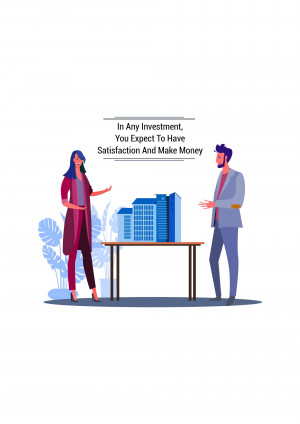 Illustration of a couple discussing a house model, representing real estate investment and satisfaction.