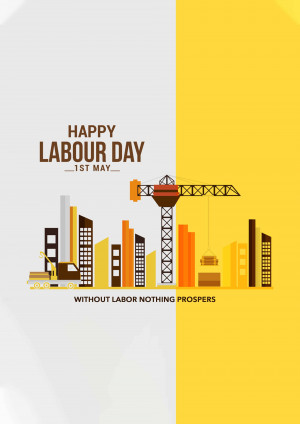 Illustration depicting a cityscape with a crane and construction vehicles, celebrating Labour Day.