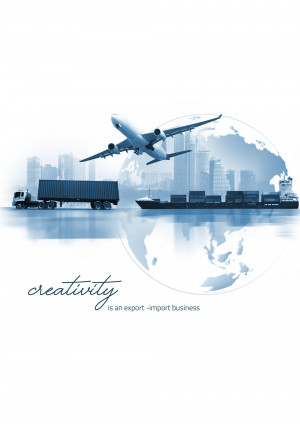 Image depicting global trade with an airplane, cargo ship, truck, and a world map.