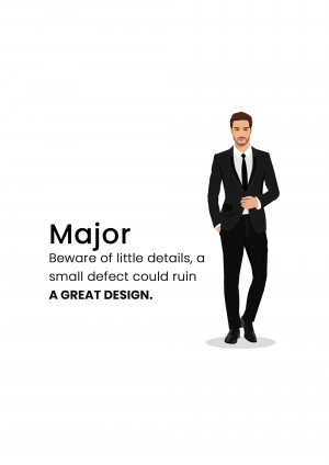 Illustration of a man in a suit with text emphasizing the importance of detail in design.