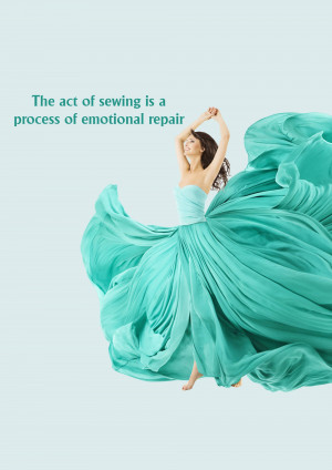 Woman in flowing turquoise gown, representing the emotional benefits of sewing.