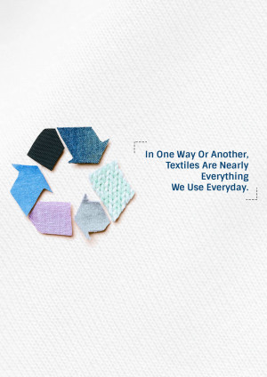 Recycling symbol made of fabric scraps with text about textile use.