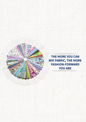 Circular arrangement of colorful fabric swatches with text promoting fashion
