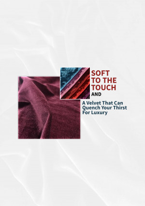 Close-up of burgundy velvet fabric with a promotional graphic.