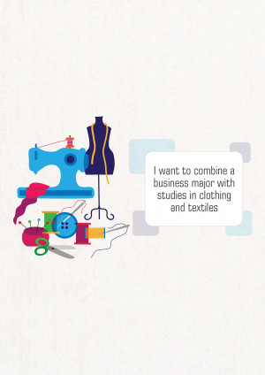 Illustration of sewing machine, dress form, and tailoring tools with text about combining business studies with clothing and textiles.
