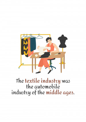 Illustration of a woman sewing in a workshop with clothing rack and mannequin.