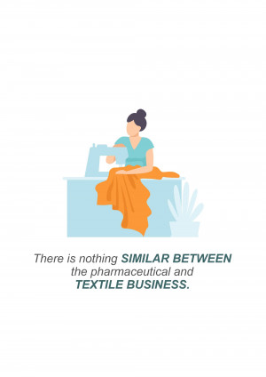 Illustration of a woman sitting at a sewing machine, working on a piece of orange fabric.