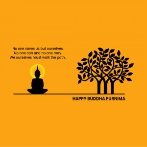 Silhouette of Buddha meditating under a tree with inspirational quote for Buddha Purnima