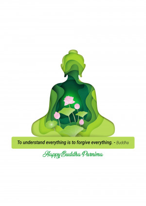 Silhouette of Buddha in lotus position with layered green paper cutouts and a lotus flower, with a quote.