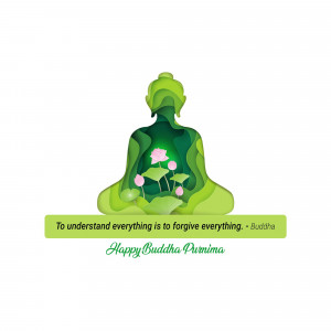 Silhouette of Buddha in lotus position with floral design and quote