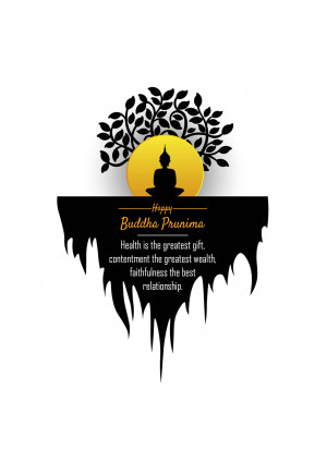 Buddha Purnima greeting with silhouette of Buddha meditating under a tree and dripping paint effect