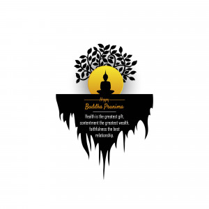 Buddha Purnima illustration with a meditating Buddha under a tree and a motivational quote.