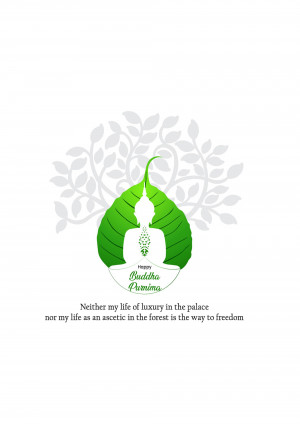 Green Bodhi tree leaf with a white silhouette of Buddha meditating