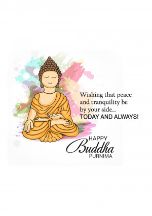 Illustration of Buddha in meditation with a colorful background and text wishing peace and tranquility.