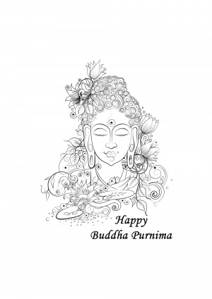 Black and white illustration of Buddha with floral decorations and the text 'Happy Buddha Purnima'