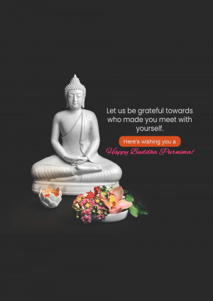 Buddha statue with flowers and a greeting for Buddha Purnima