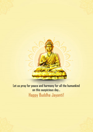 Golden Buddha statue with decorative background and text wishing Happy Buddha Jayanti