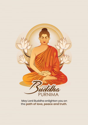 Illustration of Buddha in meditation with lotus flowers and text 'Happy Buddha Purnima'