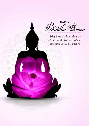 Silhouette of Buddha meditating on a lotus flower with a pink background and festive text.