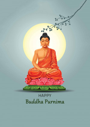 Illustration of Buddha meditating on a lotus flower with a full moon background