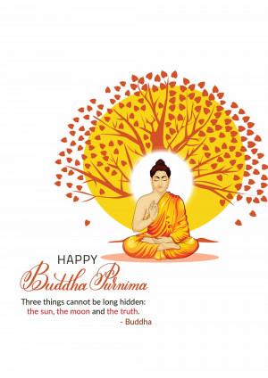 Illustration of Buddha meditating under a Bodhi tree with falling leaves and a golden halo.