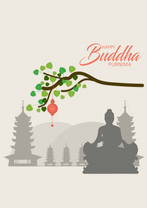 Illustration of Buddha meditating under a Bodhi tree with temples in the background for Buddha Purnima
