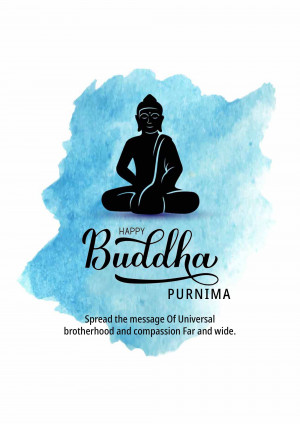 Silhouette of Buddha against a blue watercolor background with text 'Happy Buddha Purnima'
