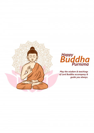 Illustration of Buddha in meditation with a mandala background and text 'Happy Buddha Purnima'