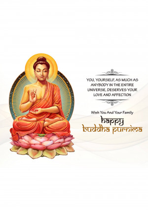 Image of Buddha in a meditative pose with a lotus flower and text wishing Happy Buddha Purnima.