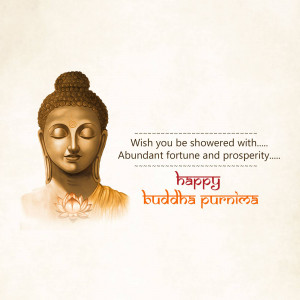 Illustration of Buddha's face with a lotus flower and festive text.