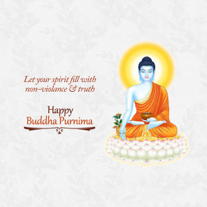 Illustration of Buddha meditating on a lotus flower with text 'Happy Buddha Purnima'