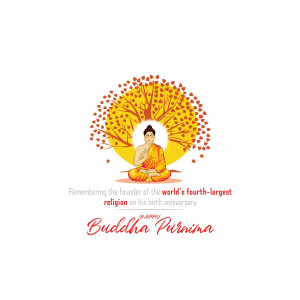 Illustration of Buddha meditating under a tree with a golden backdrop, celebrating Buddha Purnima.