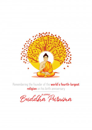 Buddha meditating under a Bodhi tree with a golden background and text wishing Happy Buddha Purnima