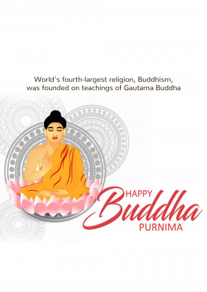 Illustration of Buddha meditating on a lotus flower with 'Happy Buddha Purnima' text.