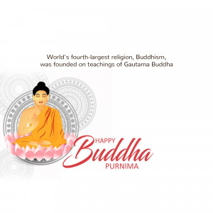 Illustration of Buddha meditating on a lotus flower with text 'Happy Buddha Purnima'