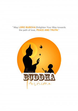 Silhouette of Buddha meditating against a sunset with text 'Happy Buddha Purnima'