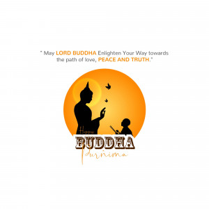Silhouette of Buddha with a follower against an orange sunset, with text 'Happy Buddha Purnima'