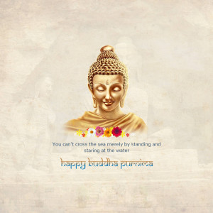 Golden Buddha head with floral decoration and inspirational quote