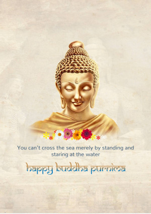 Golden Buddha head with floral decoration and inspirational quote