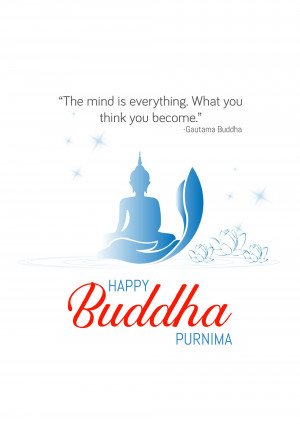 Illustration of Buddha in meditation with a lotus flower and the text 'Happy Buddha Purnima'