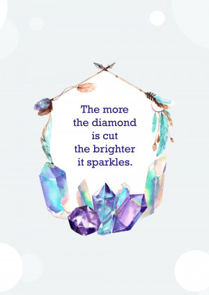 Watercolor illustration of diamonds and feathers with an inspirational quote.