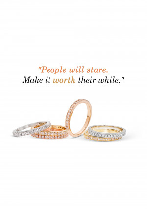 Stack of diamond rings in gold, rose gold, and silver