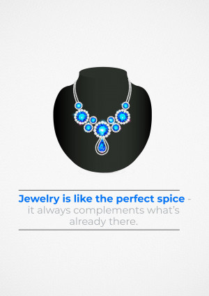 Elegant blue gemstone necklace on a black display bust with a quote about jewelry.