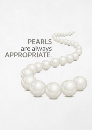 A string of pearls forming the shape of a question mark with the text 'Pearls are always APPROPRIATE.'