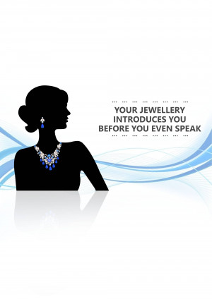 Silhouette of a woman wearing a necklace and earrings with text promoting jewelry.