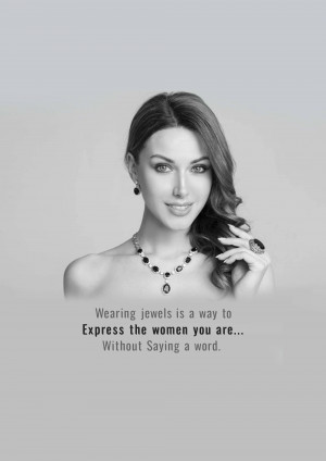 Portrait of a woman wearing a necklace and ring, with a quote about jewelry.