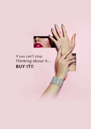 Close-up of a woman's hands and lips with a shopping message.