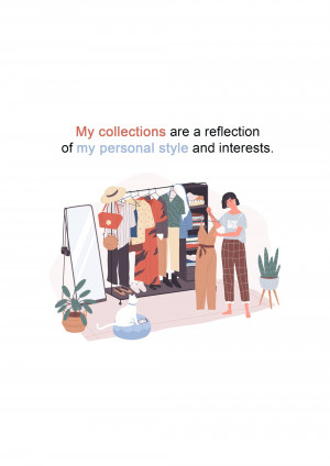 Illustration of a woman in front of her open wardrobe, showcasing her clothing collection and personal style.