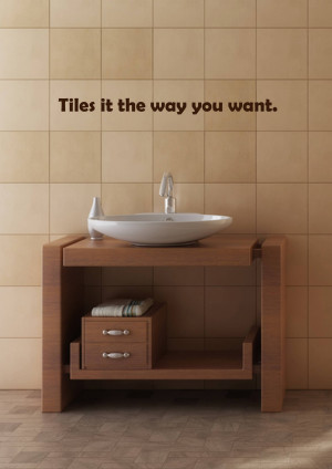 Close-up of a modern bathroom vanity with a white vessel sink and beige tiled wall.