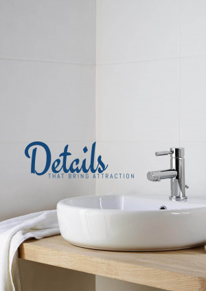 Close-up of a modern bathroom sink and faucet with text 'Details that bring attraction'